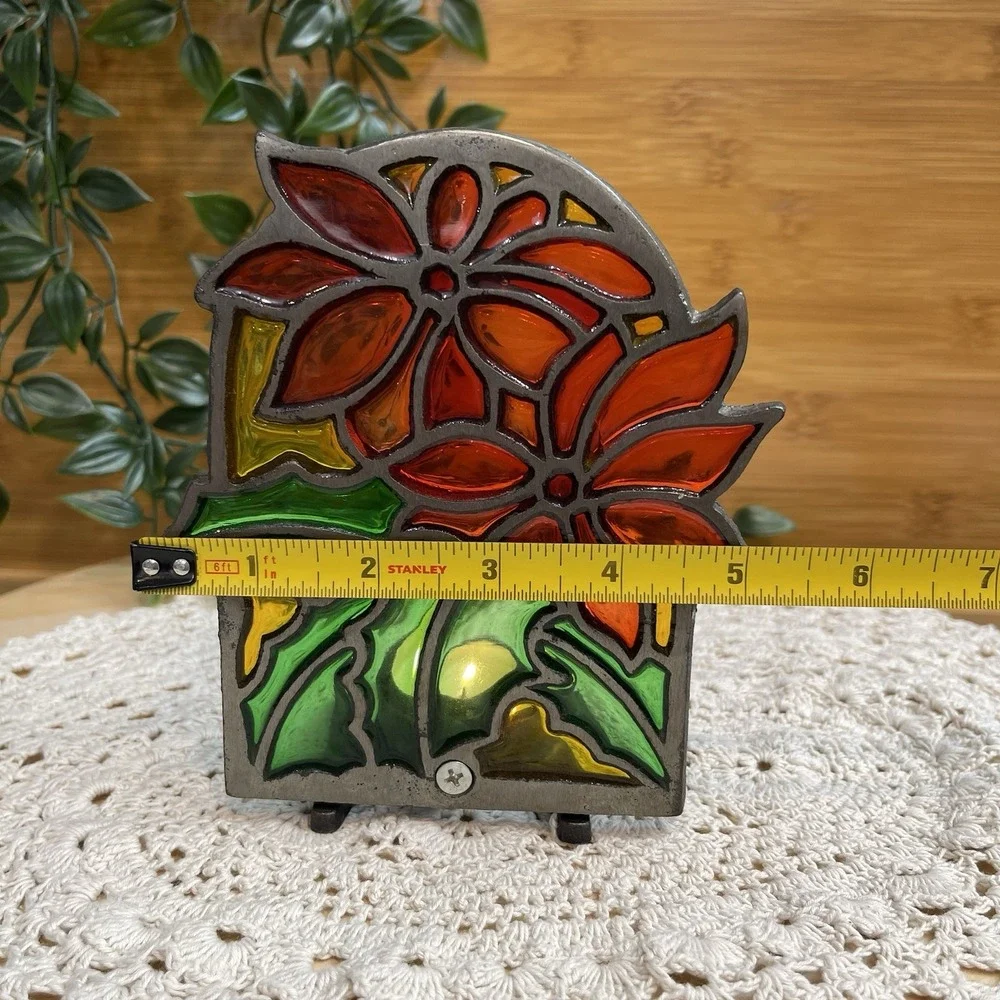 Vtg Stained Glass Cast Iron Tea Light Candle Holder Poinsettia Christmas Taiwan